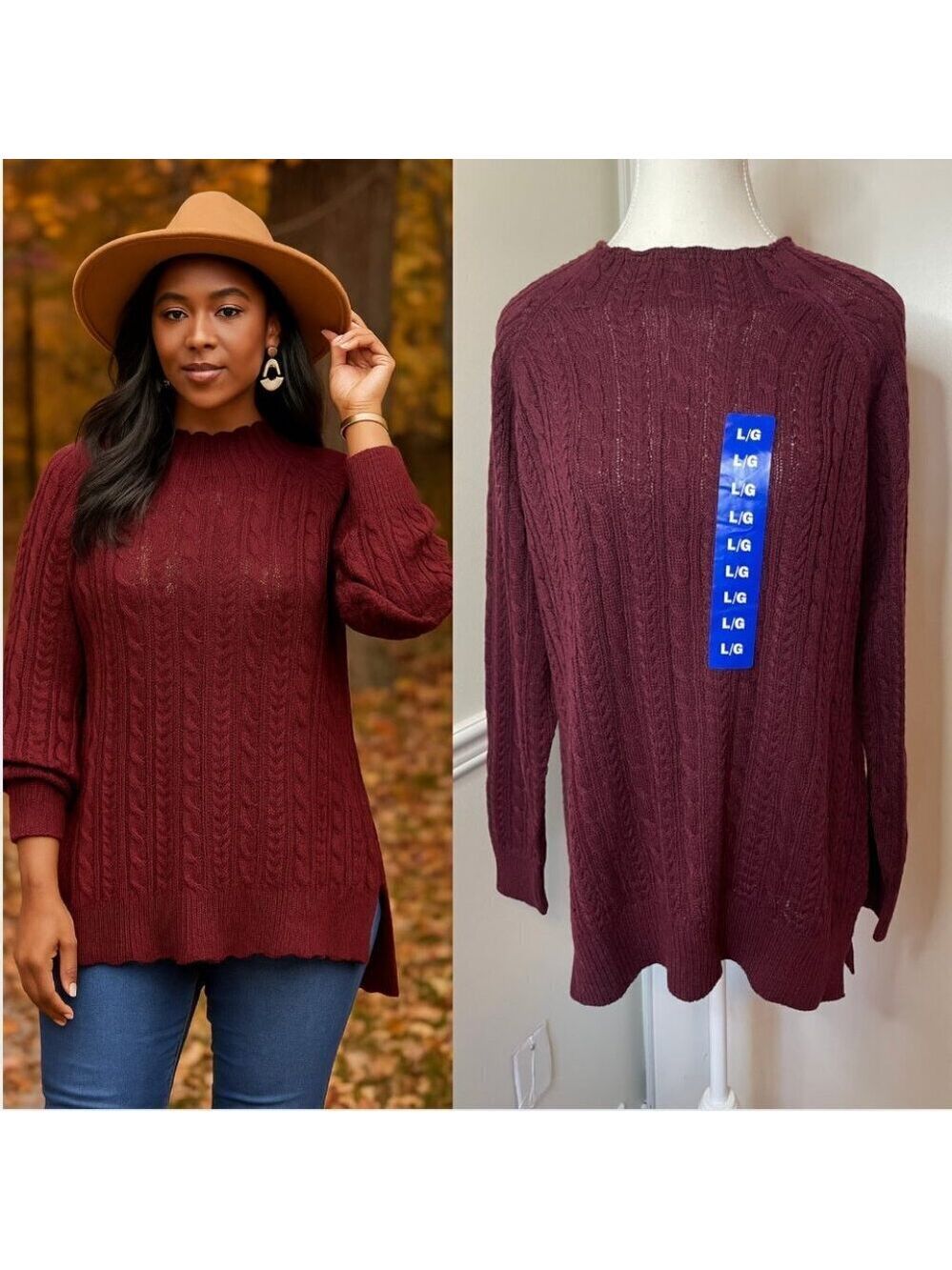 🐈NWT bleu:gray Cable Knit Lightweight Burgundy Sweater L